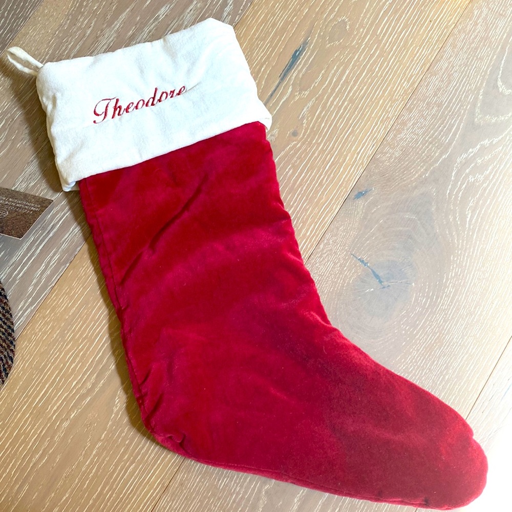 Pottery Barn Velvet Red & White Embroidered THEODORE medium Christmas Stocking